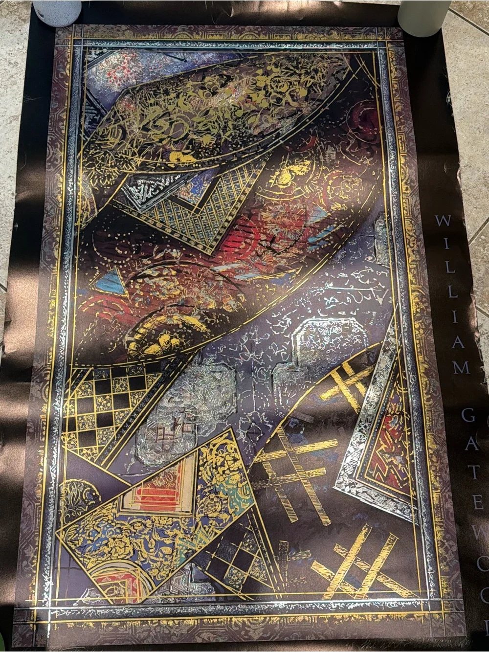 William Gatewood lithograph kimono signed Black and Gold Abstract
